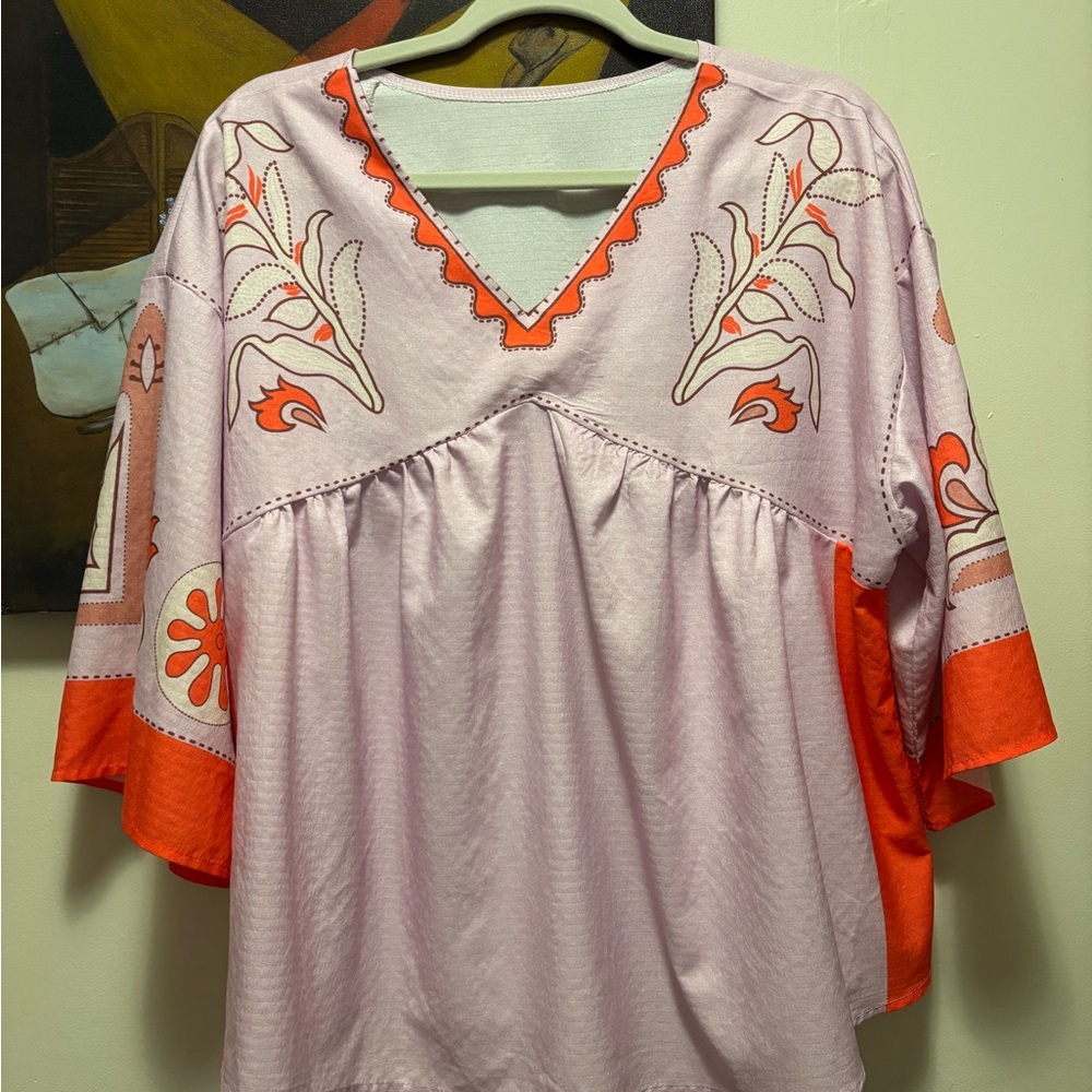 Embroidered V-Neck Top - Pink and Orange